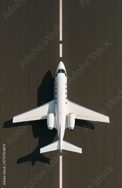 Fototapeta An overhead view of a luxury private jet on the runway, shot in minimalist daylight. The sleek and modern business jet symbolizes wealth, success, and an exclusive lifestyle.