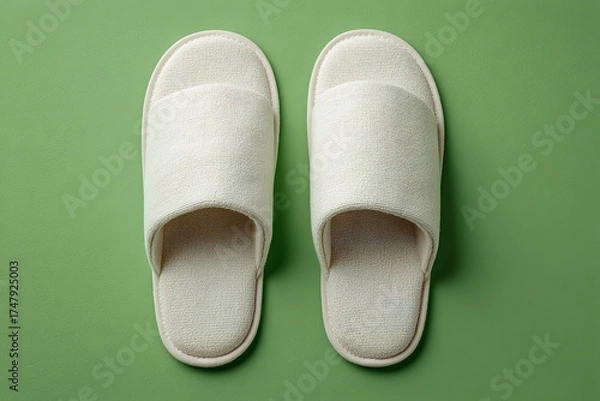 Obraz Two white textured slippers against a vibrant green backdrop perfect for relaxation content.