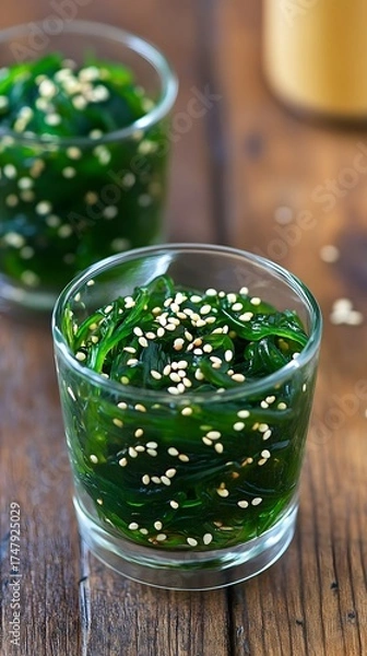 Obraz Delicious seaweed salad with sesame seeds in a glass on wooden table