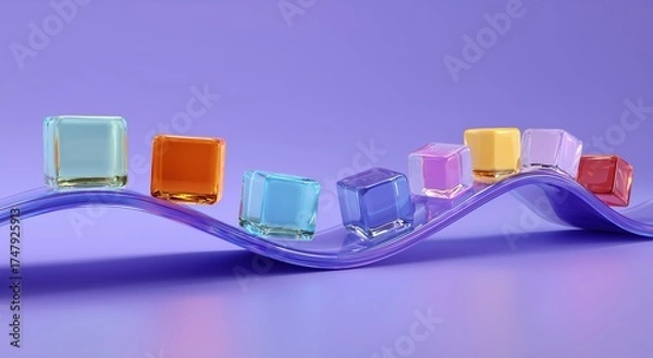 Fototapeta Chromatic Cubes on a Wavy Plane: A vivid arrangement of colorful cubes elegantly balanced on a textured, wave-shaped surface, evoking a sense of balance and contemporary design. 