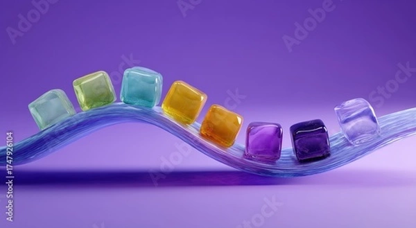Fototapeta Chromatic Cascade: A vibrant arrangement of colorful cubes gracefully cascade along a wave, each hue contributing to a symphony of visual delight, a modernistic and creative visual treat.