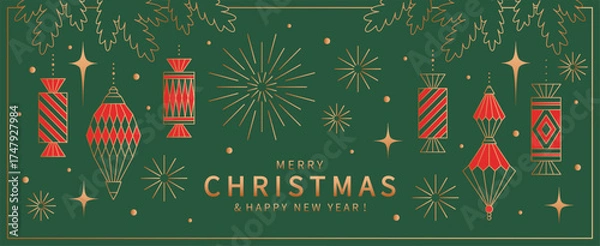Obraz Christmas banner. Holiday background with gold line, Christmas tree decorations and sweets in red and green colors. Xmas vector design for winter holidays.
