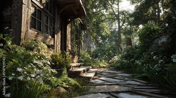 Obraz Rustic Cottage Garden Path Invites Exploration and Tranquility on a Beautiful Sunny Day