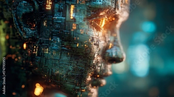 Obraz Artificial Intelligence Gaze: A Cybernetic Face with Glowing Eyes and Circuitry Detailing in Close-up.