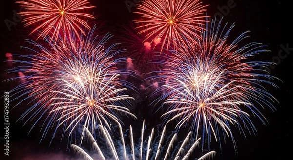 Fototapeta Vibrant fireworks display illuminating the night sky with bursts of color and light trails forming patterns created with generated ai