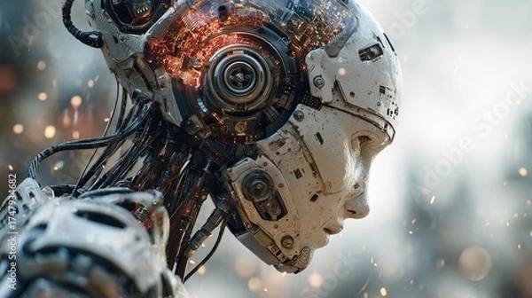 Fototapeta Detailed depiction of a futuristic android with visible wiring, showcasing advanced technology and robotic engineering with artistic elements.