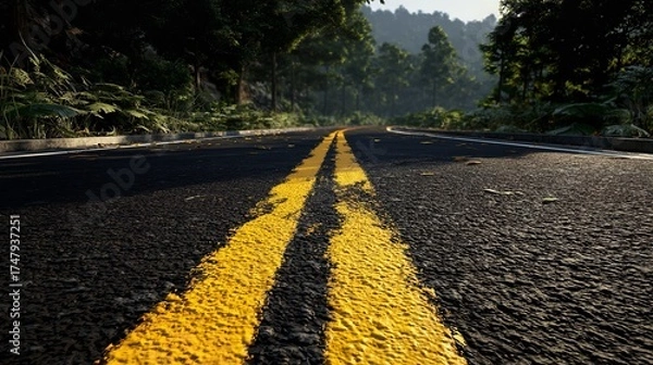 Fototapeta Asphalt Road with Double Yellow Lines Leading Towards Lush Green Forest Landscape