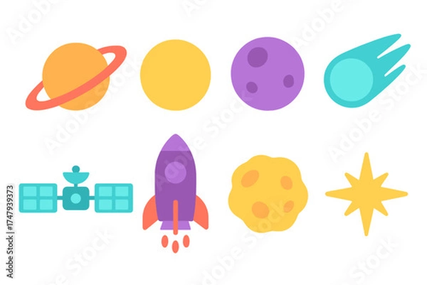Obraz Colorful flat design set of space objects, planets, rocket, satellite, and stars