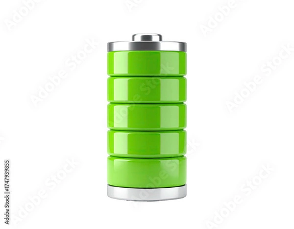 Fototapeta Green, cylindrical battery showing full charge level against a stark black background