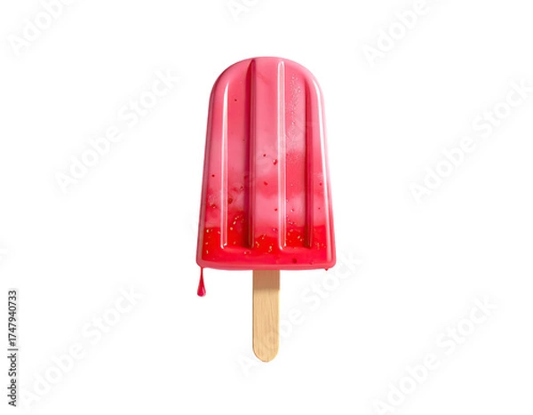 Fototapeta Glossy red popsicle melting slightly, wooden stick, isolated on black background