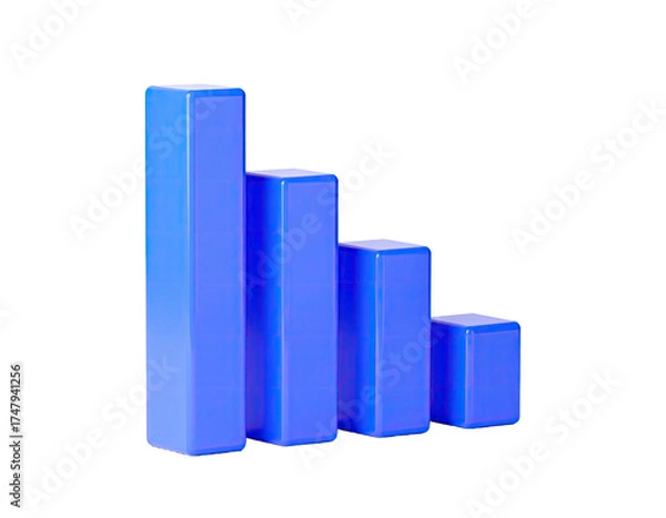 Fototapeta 3D rendering of a blue bar chart showing a downward trend against black