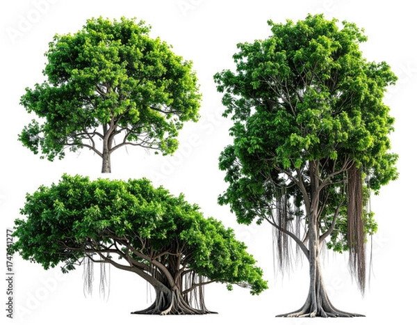 Fototapeta Three diverse trees, lush green foliage, roots and aerial roots visible