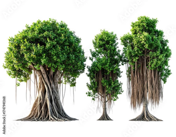 Fototapeta Three lush, realistic trees with large trunks and abundant green foliage