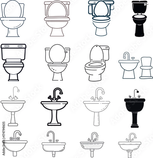 Fototapeta Restroom and WC Icon Sheet
Simple restroom icons with toilet, sink figures in vector style.