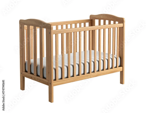 Fototapeta Wooden baby crib with mattress, front view, isolated on black background
