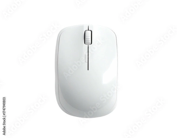Fototapeta Overhead shot of a sleek, white computer mouse against a stark black background