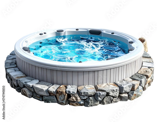 Fototapeta A round, bubbling hot tub with a stone base, water flowing, and jets on