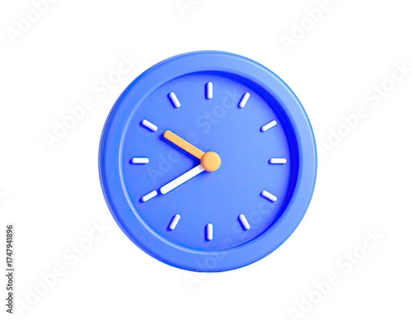 Fototapeta 3D rendering of a blue clock with orange and white hands, on black background