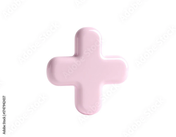 Fototapeta A 3D rendering of a rounded pink plus sign on a stark black background