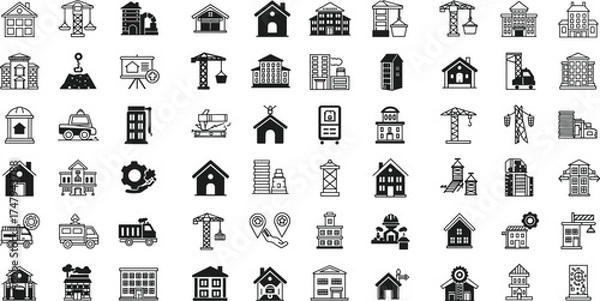 Fototapeta Construction and building icons set, real estate development, architecture design, industrial structure, engineering concept, infrastructure and home improvement illustration