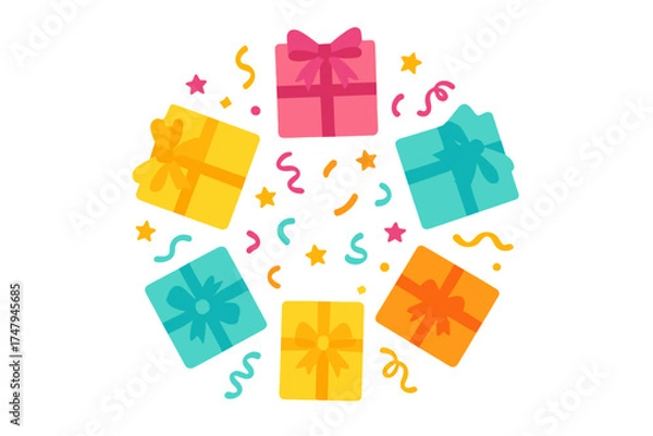 Fototapeta Festive arrangement of colorful gift boxes and scattered confetti creating a vibrant circular border