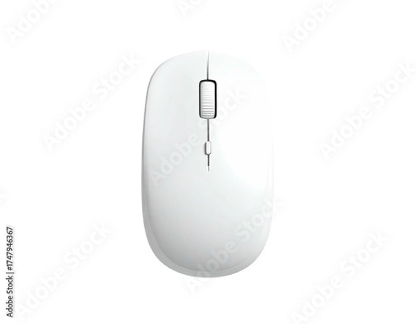 Fototapeta A top-down view of a modern, white wireless computer mouse on a black background
