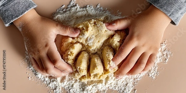 Fototapeta A child's hands kneading dough, surrounded by flour on a light surface, capturing the joy of baking.