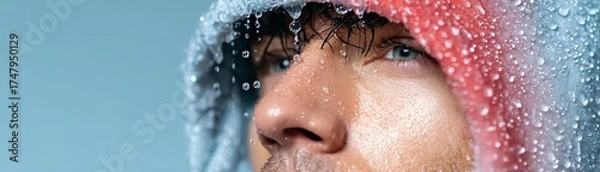 Fototapeta A close-up of a thoughtful man wearing a hood, with rain droplets on his face highlighting deep features and emotion.