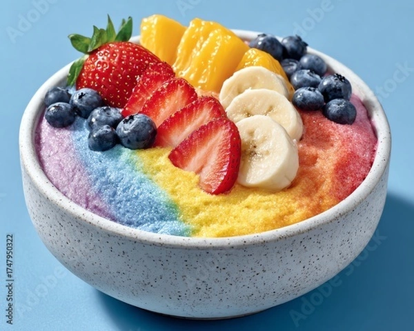 Fototapeta A colorful dessert bowl featuring a rainbow of fruits on a fluffy base, perfect for a refreshing treat.