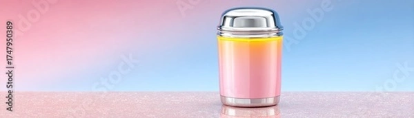Fototapeta A colorful thermos filled with a refreshing beverage against a vibrant pastel background, ideal for summer outings.