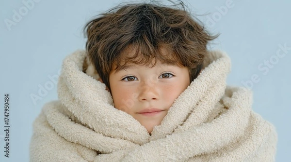 Fototapeta A cozy child wrapped in a soft blanket, radiating warmth and comfort against a serene blue backdrop.