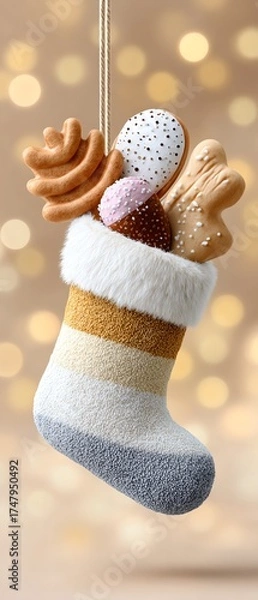 Fototapeta A cozy Christmas stocking filled with festive cookies and treats, perfect for holiday celebrations.