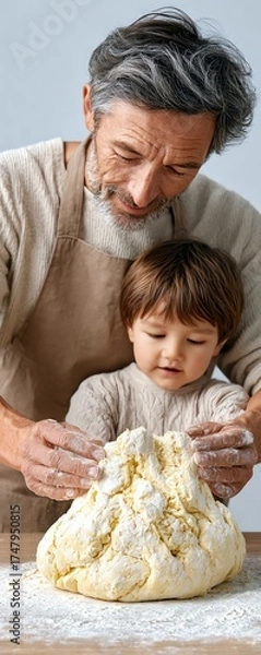 Fototapeta A grandfather and grandson bond while kneading dough together in a cozy kitchen, creating precious memories.