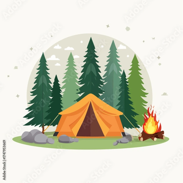 Fototapeta Idyllic forest camping scene with a cozy tent, tall pine trees, and a warm, crackling campfire