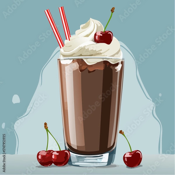 Fototapeta Indulgent chocolate milkshake dessert with a swirl of whipped cream and juicy red cherries