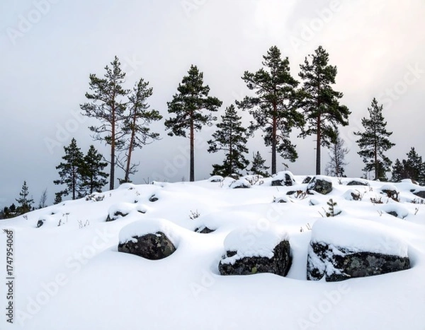 Obraz Snowy hilltop with pine trees (1)