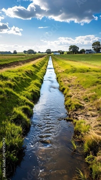 Fototapeta Country ditch under a partly cloudy sky
