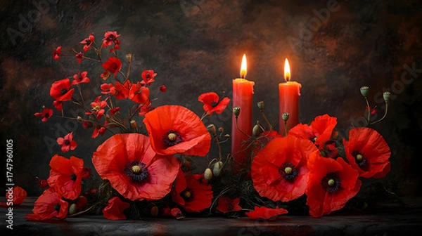 Fototapeta Red poppy flowers and burning candle banner with copy space for veterans day memorial or remembrance day. Symbol of Memorial Day Armistice day and Anzac Day background for design greeting card poster