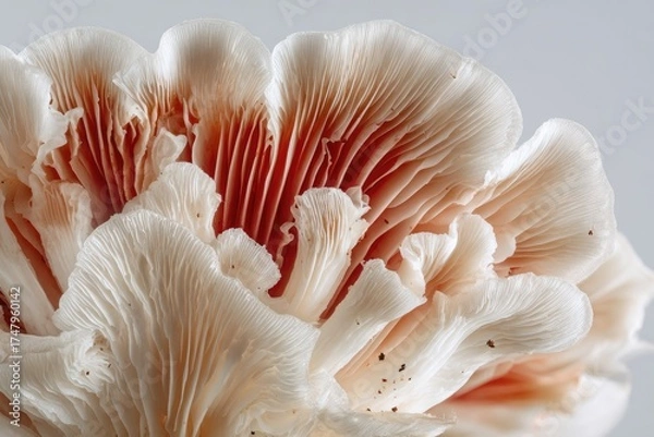 Fototapeta Close-up of delicate, layered mushroom caps.  Soft, light beige and pinkish-red hues.  Fine, intricate detail