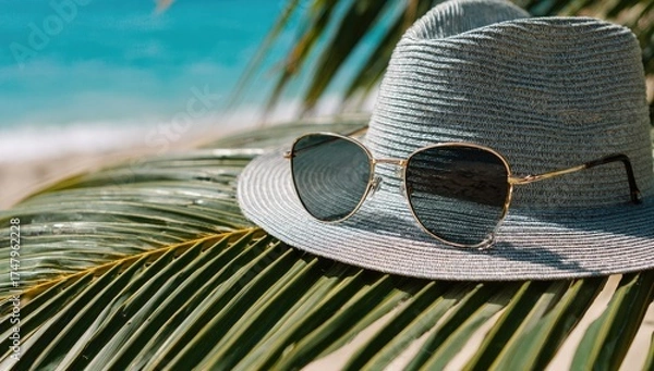Fototapeta Light gray straw hat and sunglasses on a palm leaf, beach background