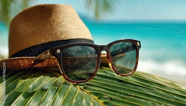 Fototapeta Sunglasses and straw hat on a palm leaf by the beach