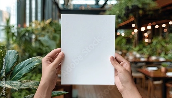 Fototapeta Blank paper held aloft by hands in a cafe setting