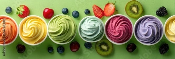 Fototapeta Colorful frozen yogurt in white cups, adorned with fresh fruit