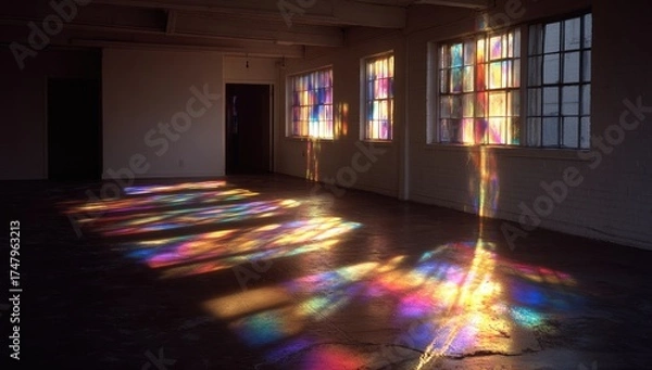 Fototapeta Sunlight streams through stained glass windows, casting vibrant patterns on a concrete floor
