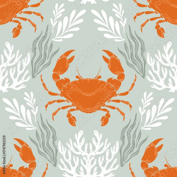 Obraz Orange Crab or crayfish Seamless Pattern with Seaweed on Green Background. Vintage coastal print with retro seafood illustrations. Perfect for marine designs, summer and seaside packaging
