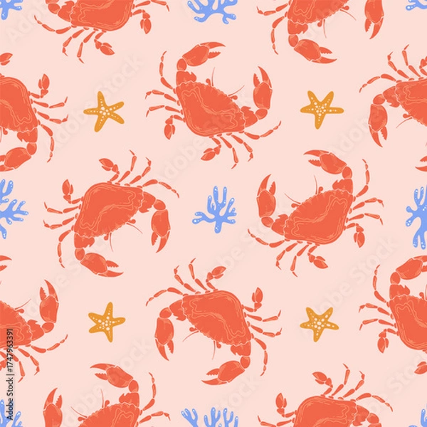 Obraz Cute Crab Seamless Pattern with starfish and coral  on Pink Background. Vintage Whimsical coastal print with retro seafood illustration and ocean life. Perfect for marine baby prints, nursery decor