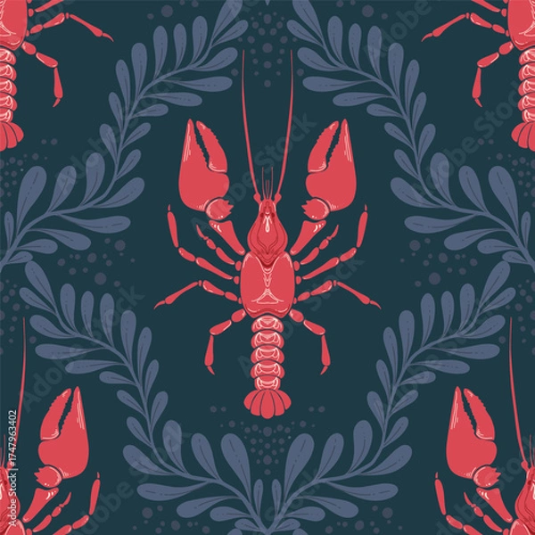 Obraz Lobster Seamless Pattern with Seaweed on Dark Background. Vintage coastal print with retro seafood illustrations and ocean life. Perfect for marine designs, summer packaging, seaside decor