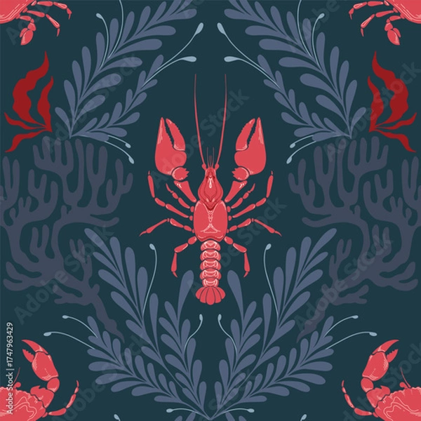 Obraz Lobster Seamless Pattern with Seaweed on Dark Background. Vintage coastal print with retro seafood illustrations and ocean life. Perfect for marine designs, summer packaging, seaside decor