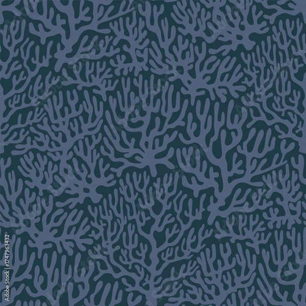 Obraz Coral reef Seamless Sea Pattern on Dark Background. Vintage coastal Minimalistic Print with Coral branches. Underwater sea life, coral and algae.