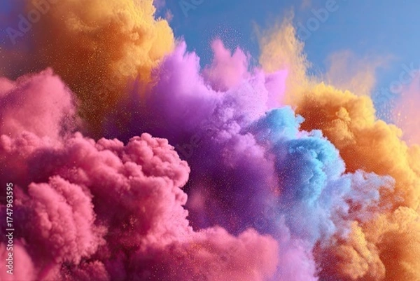 Fototapeta Vibrant clouds of colored powder explode against a pale blue sky